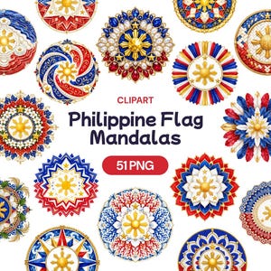 May include: A collection of circular mandala designs featuring the Philippine flag colors of red, white, blue, and yellow, with central sun motifs and various intricate patterns. The text reads CLIPART Philippine Flag Mandalas 51 PNG.
