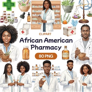 Op de afbeelding: Een digitale clipartset getiteld "African American Pharmacy" met illustraties van apothekers, apothekersartikelen en medische benodigdheden. De set bevat afbeeldingen van vijzels en stampertjes, medicijnflesjes en een EHBO-kit. De tekst "80 PNG" is ook inbegrepen.