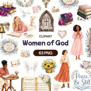 Könnte beinhalten: Eine digitale Clipart-Sammlung mit dem Titel Women of God 63 PNG, die Aquarellillustrationen von Frauen, aufgeschlagenen Büchern, einer Krone auf einer lila Bibel, einem Buntglasfenster mit Kreuz, Blumenarrangements und religiösen Texten zeigt.