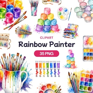 Clipart de pintor de arco-íris, materiais de arte em aquarela PNG, paleta colorida (35 PNGs)