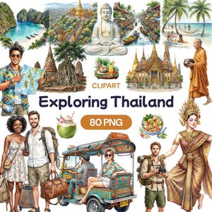 Exploring Thailand Clipart, Watercolor Travel PNG, Thai Vacation Graphic, Southeast Asia, Bangkok Tuk Tuk, Tropical Beach, Floating Market