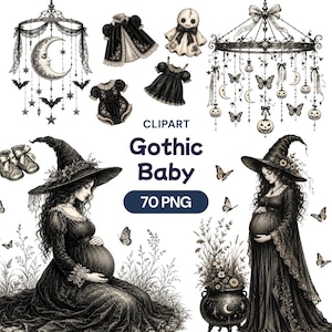 May include: A digital clipart collection titled Gothic Baby 70 PNG featuring black and white illustrations of gothic-themed baby items, including mobiles with moons, bats, and pumpkins, baby clothing, a doll, and two pregnant figures in witch hats.