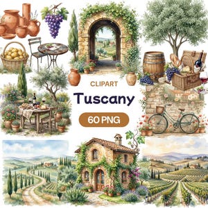 Tuscany Clipart, Watercolor Italian Villa PNG, Rustic Countryside Graphic, Italy Vineyard Landscape Art, Wine Food Illustration