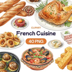 Pode incluir: Ilustração digital de vários pratos da culinária francesa. A imagem inclui uma perna de frango assada, baguetes, anéis de cebola, caracóis e um ensopado de frutos do mar. O texto "French Cuisine" e "40 PNG" também estão presentes.