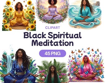 Meditación espiritual negra, mujer afroamericana practicando yoga, arte zen, energía curativa, flor de loto, gráfico de chakras