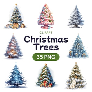 Clipart di alberi di Natale, bundle PNG di acquerelli invernali carini, file digitali trasparenti di alberi di pino di Natale kawaii, set di stelle, licenza per uso commerciale