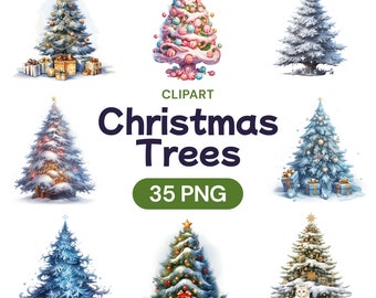 Christmas Trees Clipart, Cute Winter Watercolor PNG Bundle, Kawaii Xmas Pine Tree Transparent Digital Files Star Set, Commercial Use License