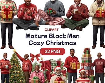 Mature Black Men Cozy Christmas Clipart, African American Xmas Grandfather PNG, Cute Holiday Grandpa, Merry Granddad, Commercial Use License