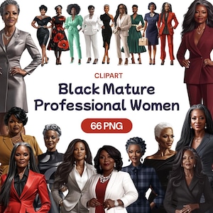 Clipart di donne mature nere in carriera, PNG di nonna afroamericana, bella nonna, elegante diva anziana, licenza per uso commerciale
