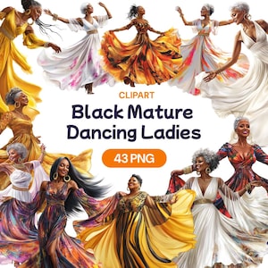 Clipart di donne mature nere che ballano, PNG di nonna afroamericana elegante, nonna bellissima, donne anziane divertenti, licenza per uso commerciale