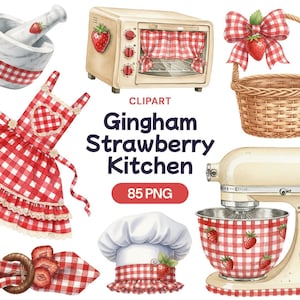 May include: A collection of watercolour clipart featuring kitchen items with a strawberry and gingham theme. Includes an oven, apron, mixer, mortar and pestle, chef's hat, basket, and text that reads "Gingham Strawberry Kitchen" and "85 PNG".