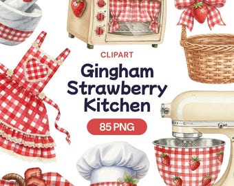 Clipart de cocina con fresas a cuadros, PNG de repostería cottagecore, paquete rústico de granja, fruta roja de verano, decoración de casa de campo