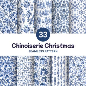 May include: A collection of 33 Chinoiserie Christmas seamless patterns featuring blue and white illustrations of poinsettias, ornaments, deer in snowy forests, nutcrackers, snowflakes, bows, and wrapped gifts in a repeating decorative design.