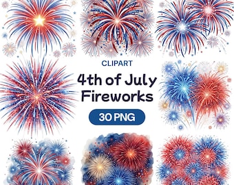 4th of July Fireworks Clipart, Watercolor USA PNG, Red White Blue Graphic, Independence Day Art, Patriotic Celebration Illustration