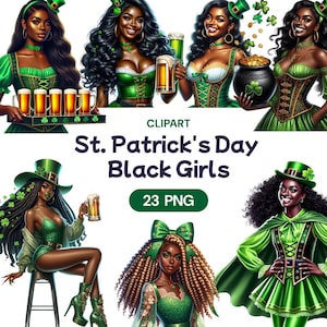 St Patricks Day schwarzes Mädchen Clipart, süßes Aquarell Afroamerikaner PNG, Lucky AF Shamrock, Sexy grüner Kobold, Lizenz für kommerzielle Nutzung