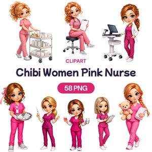 Peut inclure: Une collection d'illustrations numériques représentant des personnages de style chibi vêtus de tenues médicales roses. L'ensemble comprend diverses poses avec du matériel médical comme un chariot, un presse-papier, un moniteur, un plateau, une seringue et un ours en peluche, étiqueté Chibi Women Pink Nurse.