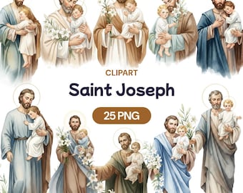 Saint Joseph Clipart, 25 Watercolor St Joseph PNG, Baby Jesus, Catholic Saint, Holy Family, Foster Father, White Lily, Religious Baptism