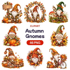 May include: A digital collection of 46 PNG clipart files featuring autumn gnomes with white beards, wearing hats decorated with fall leaves, pumpkins, sunflowers, and lanterns. The text reads CLIPART Autumn Gnomes 46 PNG in the center.