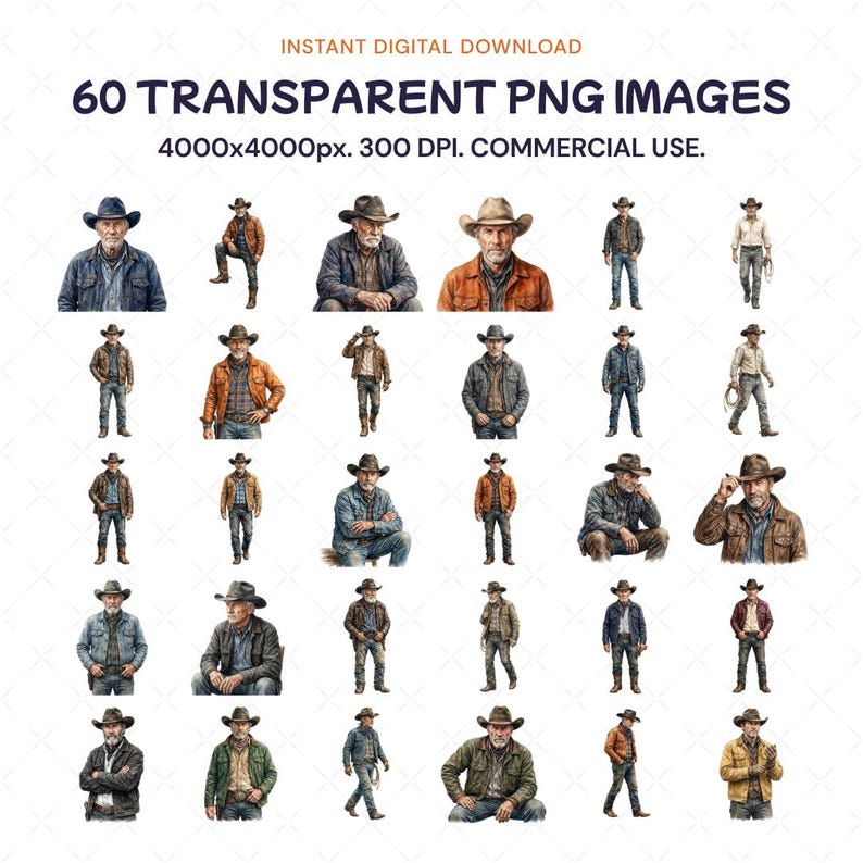 May include: A collection of 60 transparent PNG images featuring watercolor illustrations of cowboys in various poses. The images include cowboys wearing hats, jackets, and jeans. The text at the top says "INSTANT DIGITAL DOWNLOAD" and "60 TRANSPARENT PNG IMAGES".