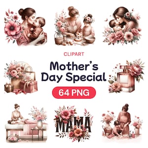 Muttertag spezielle Clipart, Aquarell Mama PNG Digital Bundle, süßes Mama-Leben, Mama & Tochter, rosa Geschenk für Sie, Lizenz für kommerzielle Nutzung