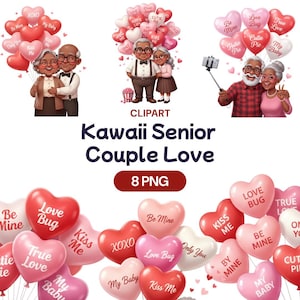 Puede incluir: Clipart digital de una pareja de ancianos Kawaii con globos en forma de corazón. Los globos son rosas y rojos, con frases como "Kiss Me" y "My Baby". La imagen incluye el texto "Kawaii Senior Couple Love" y "8 PNG".