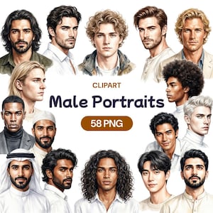 May include: A collection of diverse male portraits featuring various hairstyles, facial hair, and clothing styles. The text reads CLIPART Male Portraits 58 PNG. The images display a range of ethnicities and expressions in a digital illustration style.