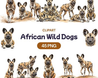African Wild Dog Clipart, Painted Canine PNG, Safari Animal Bundle, Watercolor Wildlife Art, Savannah Nature