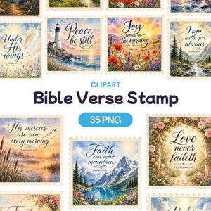 May include: A collection of digital stamps featuring Bible verses with scenic backgrounds. The stamps include phrases like "Peace be still," "Joy comes in the morning," and "Love never faileth." The image also includes the text "Bible Verse Stamp" and "35 PNG."