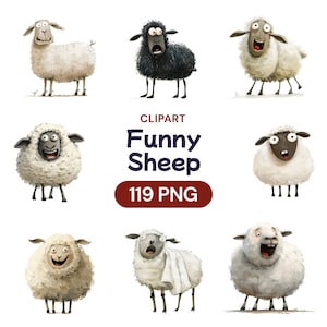 Imágenes prediseñadas de ovejas divertidas, lindo animal de granja peculiar en acuarela, paquete PNG transparente digital, adorable ilustración de rebaño, licencia de uso comercial