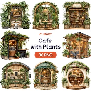 Könnte beinhalten: Eine digitale Sammlung von 36 PNG-Clipart-Bildern, die verschiedene Café-Fassaden und Innenräume mit üppigen grünen Pflanzen, Holzmöbeln und warmer Beleuchtung zeigen, mit dem Text Cafe with Plants und 36 PNG in der Mitte.