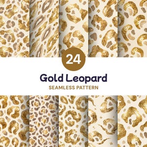 May include: A collection of 24 seamless digital patterns featuring a gold leopard print design. The graphics display metallic gold foil textures against a cream background, with various spotted animal print arrangements shown in a grid.