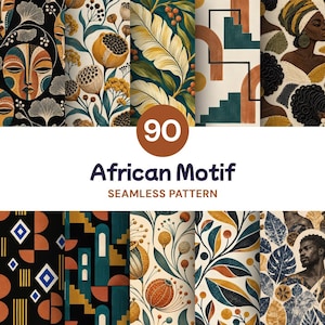 May include: A collection of 90 seamless patterns featuring African motifs, including stylised faces, botanical elements, geometric shapes, and abstract architectural designs in a colour palette of black, white, gold, teal, and terracotta orange.