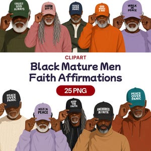 Pode incluir: Conjunto de ilustrações digitais de pessoas negras maduras usando bonés de beisebol com textos religiosos como Trust God Always, Favor On My Life, Peace Over Panic, God Makes A Way, Walk In Peace, Keep The Faith e Anchored In Faith.