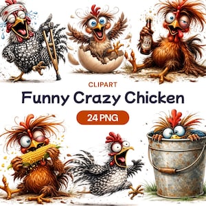 May include: A set of six cartoon images of chickens in amusing scenarios. The chickens have exaggerated expressions and poses, including one with a bandage and crutch, and another emerging from an egg. The text "Funny Crazy Chicken" is also present.