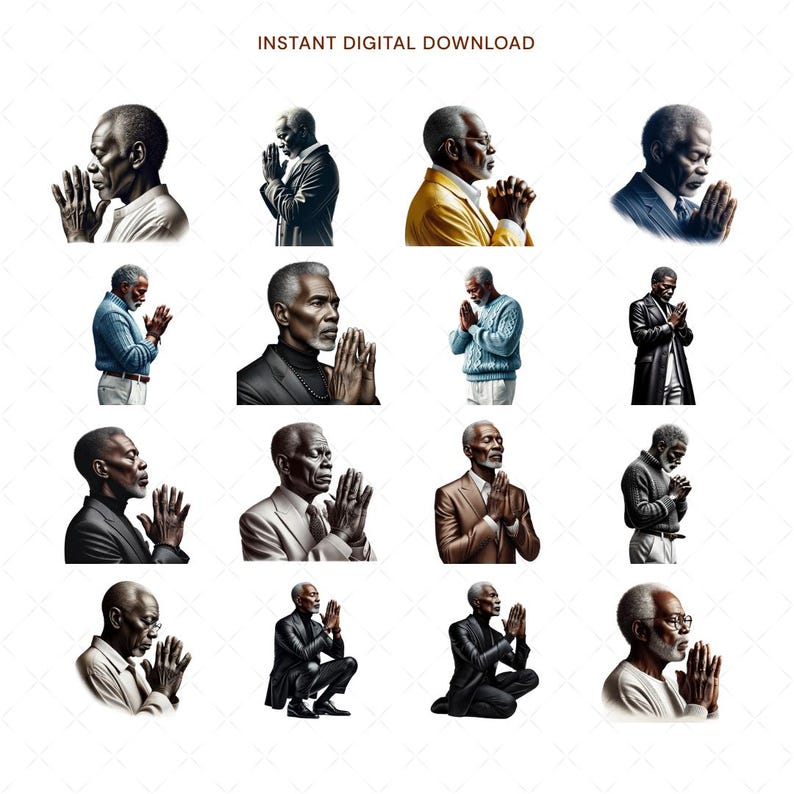 Mature Black Men Praying Clipart, Watercolor African American Religious