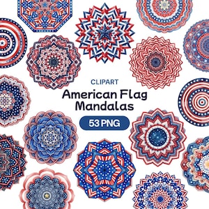Könnte beinhalten: Eine Sammlung von Mandala-Designs im Stil der amerikanischen Flagge in Rot, Weiß und Blau. Das Bild zeigt verschiedene kreisförmige und sternförmige Muster mit dem Text "American Flag Mandalas" und "53 PNG".