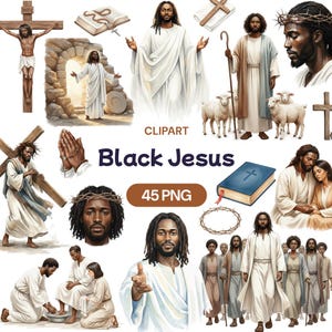 Puede incluir: Una colección de ilustraciones digitales que representan a Jesús negro en varias poses. Las imágenes incluyen representaciones de Jesús con una cruz, una corona de espinas e interactuando con otros. También está presente el texto "Black Jesus" y "45 PNG".