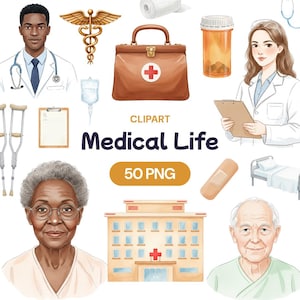 May include: A watercolour clipart set depicting medical themes. The image includes doctors, nurses, medical equipment, and patients. Features a hospital, first aid kit, prescription bottle, and other illustrations. Text includes "Medical Life" and "50 PNG".