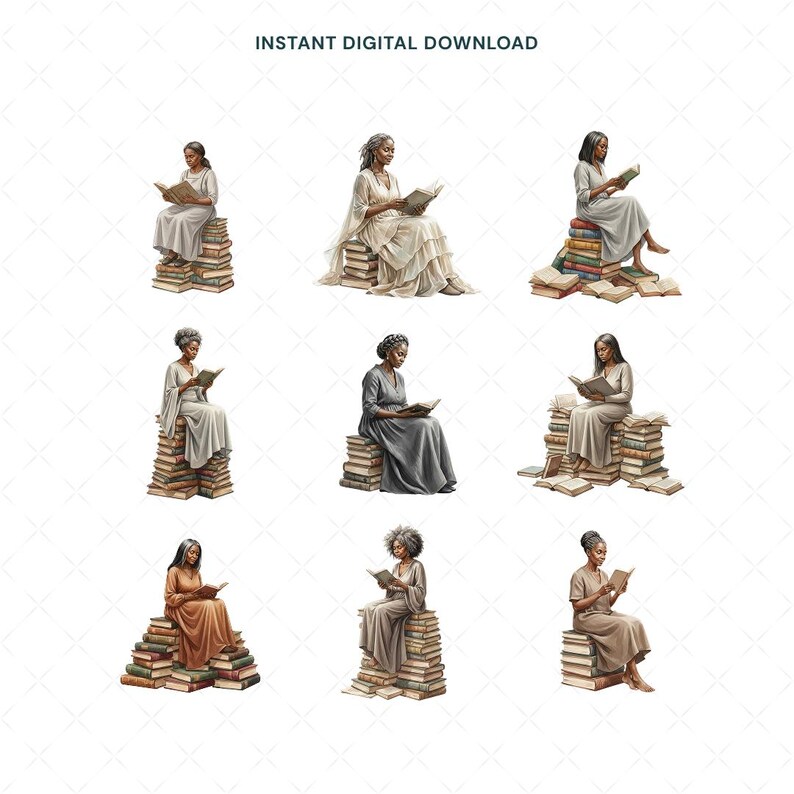 May include: Digital download featuring nine illustrations of women reading books while seated on stacks of books. Each woman is dressed in a different coloured gown. The text "INSTANT DIGITAL DOWNLOAD" is at the top of the image.