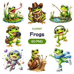 Könnte beinhalten: Eine Sammlung von Cartoon-Frosch-Illustrationen. Die Frösche werden in verschiedenen Szenarien dargestellt, darunter das Tragen eines Cowboyhuts, Angeln, das Tragen von Kopfhörern und Eislaufen. Das Bild enthält den Text "CLIPART Frösche 60 PNG".