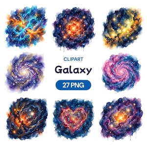 Puede incluir: Una colección de imágenes prediseñadas de galaxias en acuarela. Cada imagen presenta colores vibrantes como azul, naranja, morado y rosa, con patrones arremolinados y detalles estelares. También se incluye el texto "CLIPART Galaxy 27 PNG".