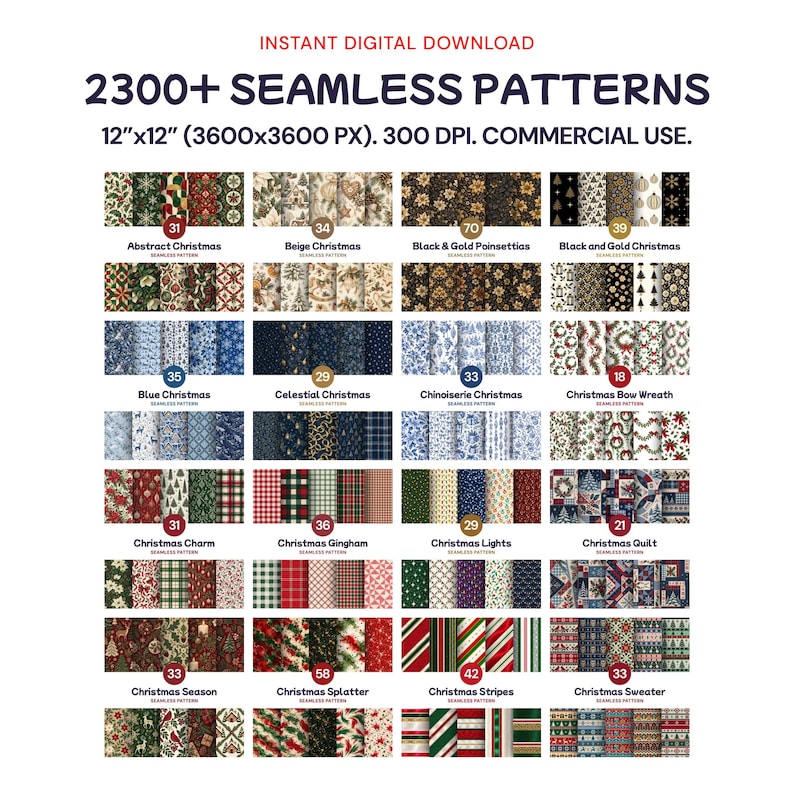 Steamless Patterns 2300+ Christmas Seamless Patterns, Ultimate Digital Paper Bundle, PNG ...
