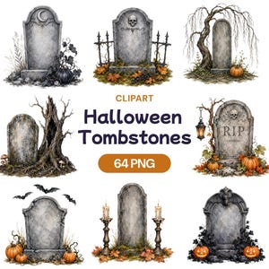 Peut inclure: Une collection numérique de cliparts de pierres tombales d'Halloween comprenant huit marqueurs de tombe en pierre grise décorés de crânes, citrouilles, chauves-souris, bougies et arbres nus. Le texte central indique CLIPART Halloween Tombstones 64 PNG.