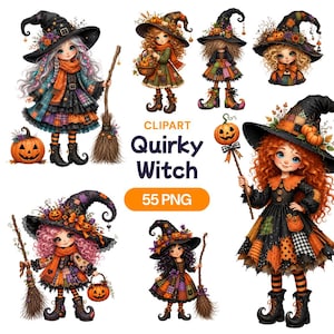 Quirky Witch Clipart, Whimsical Storybook PNG, Patchwork Doll Art (55 PNG)