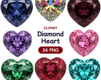 Conjunto de imágenes PNG de corazones de diamantes, arte de joyas con piedras preciosas de cristal, elementos brillantes facetados, gráficos digitales de lujo