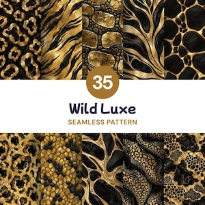 May include: A collection of 35 seamless digital patterns featuring black and gold animal-inspired textures. The designs include leopard spots, tiger stripes, crocodile scales, and abstract organic shapes with metallic gold and matte black finishes.