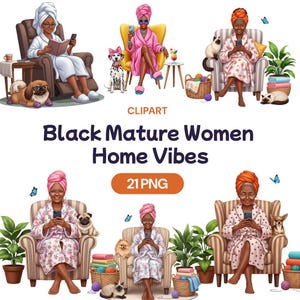 Clipart di donne mature nere che vivono in casa, PNG di nonna afroamericana, nonna divertente, anziano che si rilassa con un animale domestico, licenza per uso commerciale