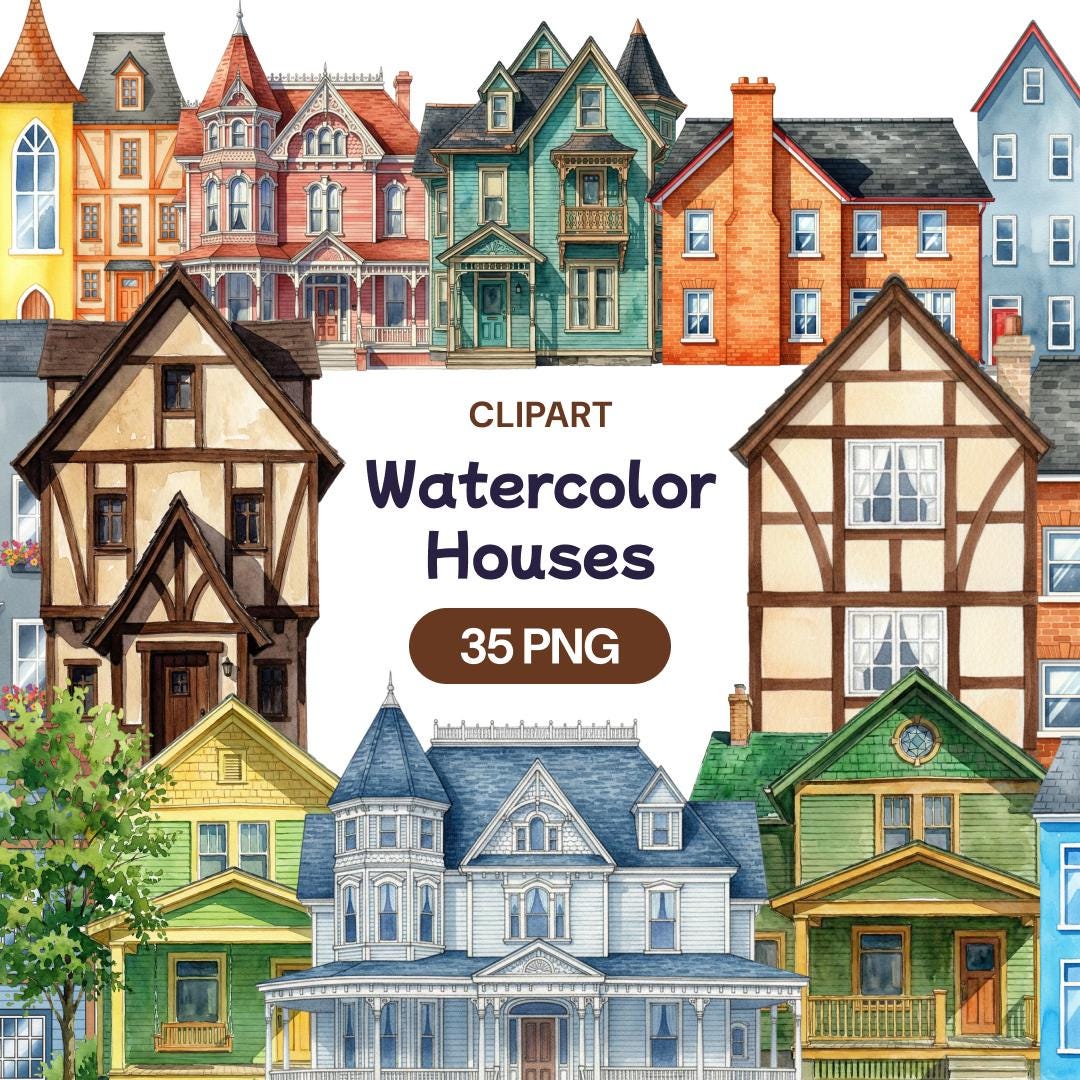 Watercolor Houses Clipart, Quirky Home PNG Bundle, Victorian Cottage ...