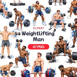 Pode incluir: Uma coleção de ilustrações em estilo aguarela apresentando homens musculados a realizar vários exercícios de levantamento de pesos com barras e halteres, com o texto CLIPART Weightlifting Man 47 PNG num fundo branco.