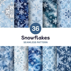 May include: A collection of 36 seamless digital patterns featuring various snowflake designs in shades of blue, navy, and white. The imagery displays watercolor-style textures, intricate crystalline structures, and swirling winter motifs.